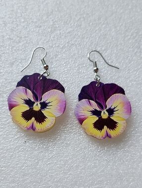 Hand Crafted Purple and Yellow Pansy Flower Drop Earrings